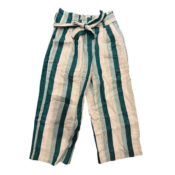 J. Crew Size 8 Paper Bag Linen Wide Leg Pants Cabana Strip Turquoise Jade White - Picture 5 of 9